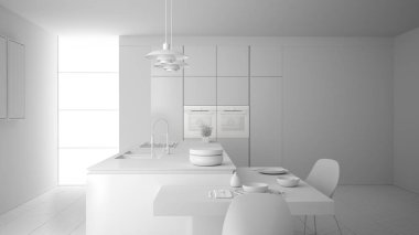 Modern temiz çağdaş mutfak, ada ve sandalye, bambu ve saksı bitkileri, büyük pencere ve parke zemin, minimalist iç tasarım ile ahşap yemek masası toplam beyaz proje