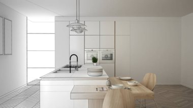 Mimar iç tasarımcı kavramı: gerçek olur bitmemiş proje, modern çağdaş mutfak, sandalye ile ada ve yemek masası, parke zemin, iç tasarım kavramı fikir