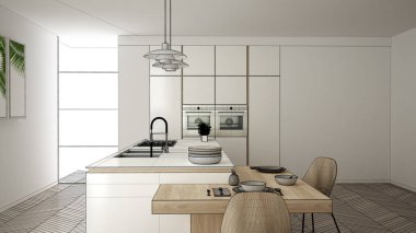 Blueprint taslak taslak, tasarım konsepti, mimar tasarımcı projesi, modern temiz çağdaş mutfak, sandalye ile ada ve yemek masası, parke zemin, iç tasarım konsept fikri