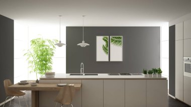 Modern temiz çağdaş beyaz mutfak, sandalye, bambu ve saksı bitkileri, büyük pencere ve ringa kemiği parke zemin, minimalist iç tasarım ile ahşap yemek masası