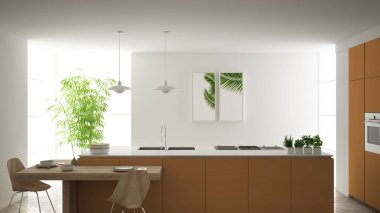 Modern temiz çağdaş turuncu mutfak, sandalye, bambu ve saksı bitkileri, büyük pencere ve ringa kemiği parke zemin, minimalist iç tasarım ile ahşap yemek masası