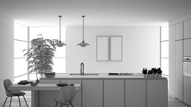 Modern temiz çağdaş mutfak bitmemiş proje, sandalye, bambu ve saksı bitkileri, pencere ve parke zemin, iç tasarım konsept fikri ile ahşap yemek masası