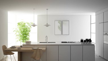 Mimar iç tasarımcı kavramı: gerçek olur bitmemiş proje, modern çağdaş mutfak, sandalye ile ada ve yemek masası, parke zemin, iç tasarım kavramı fikir