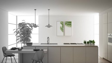 Mimar iç tasarımcı kavramı: gerçek olur bitmemiş proje, modern çağdaş mutfak, sandalye ile ada ve yemek masası, parke zemin, iç tasarım kavramı fikir