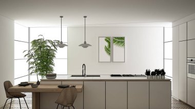 Blueprint taslak taslak, tasarım konsepti, mimar tasarımcı projesi, modern temiz çağdaş mutfak, sandalye ile ada ve yemek masası, parke zemin, iç tasarım konsept fikri