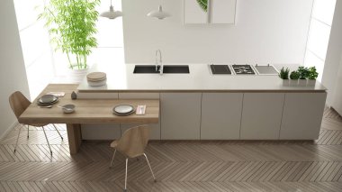 Modern temiz çağdaş beyaz mutfak, sandalye, bambu ve saksı bitkileri, büyük pencere ve ringa kemiği parke zemin, iç tasarım, üst görünümü ile ahşap yemek masası