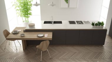 Modern temiz çağdaş gri mutfak, ada ve sandalye, bambu ve saksı bitkileri, büyük pencere ve ringa kemiği parke zemin, iç tasarım, üst görünümü ile ahşap yemek masası