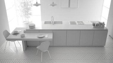 Modern temiz çağdaş mutfak, ada ve sandalye, bambu ve saksı bitkileri, büyük pencere ve parke zemin, iç tasarım, üst görünüm ile ahşap yemek masası toplam beyaz proje