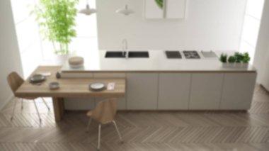 Bulanıklık arka plan iç tasarım, modern temiz çağdaş mutfak, sandalye ile ada ve ahşap yemek masası, bambu bitki, pencere ve parke, iç tasarım konsepti, üst görünümü