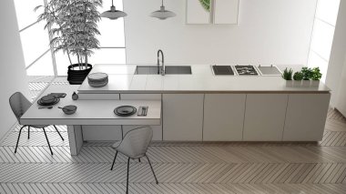 Mimar iç tasarımcı kavramı: gerçek olur bitmemiş proje, modern çağdaş mutfak, sandalye ile ada ve yemek masası, parke, iç tasarım konsepti, üst görünümü