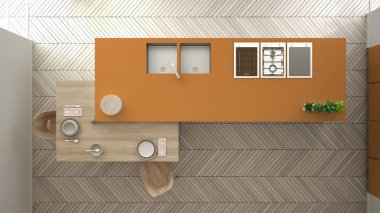 Modern temiz çağdaş turuncu mutfak, sandalye, bambu ve saksı bitkileri, büyük pencere ve ringa kemiği parke zemin, iç tasarım, üst görünümü ile ahşap yemek masası