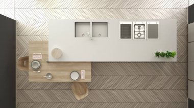 Modern temiz çağdaş beyaz mutfak, sandalye, bambu ve saksı bitkileri, büyük pencere ve ringa kemiği parke zemin, iç tasarım, üst görünümü ile ahşap yemek masası