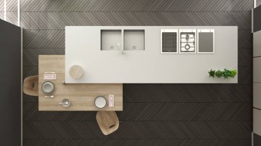 Modern temiz çağdaş beyaz mutfak, sandalye, bambu ve saksı bitkileri, büyük pencere ve ringa kemiği parke zemin, iç tasarım, üst görünümü ile ahşap yemek masası