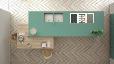 Modern temiz çağdaş turkuaz mutfak, sandalye, bambu ve saksı bitkileri, büyük pencere ve ringa kemiği parke zemin, iç tasarım, üst görünümü ile ahşap yemek masası