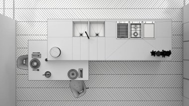 Modern temiz çağdaş mutfak bitmemiş proje, sandalye, bambu ve saksı bitkileri, pencere ve parke, iç tasarım konsepti, üst görünümü ile ahşap yemek masası