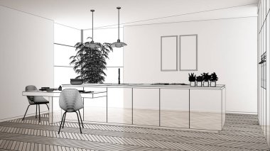 Beyaz seramik döşemeli içi boş, özel mimari tasarım projesi, siyah mürekkep çizimi, modern mutfak, konsept, model, mimar fikri gösteren plan.