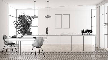 Beyaz seramik döşemeli içi boş, özel mimari tasarım projesi, siyah mürekkep çizimi, modern mutfak, konsept, model, mimar fikri gösteren plan.