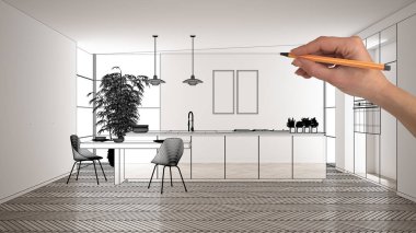 Beyaz mermer seramik seramik döşemeleri, el çizimi özel mimari tasarımı, siyah mürekkep çizimi, modern minimalist mutfağı, konsepti, maketi, fikri gösteren plan.