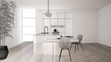 Beyaz seramik döşemeli içi boş, özel mimari tasarım projesi, siyah mürekkep çizimi, modern mutfak, konsept, model, mimar fikri gösteren plan.