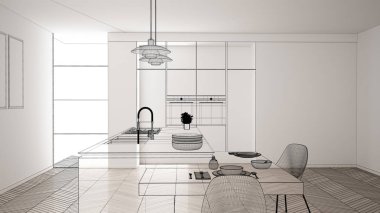 Beyaz seramik döşemeli içi boş, özel mimari tasarım projesi, siyah mürekkep çizimi, modern mutfak, konsept, model, mimar fikri gösteren plan.