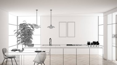 Beyaz seramik döşemeli içi boş, özel mimari tasarım projesi, siyah mürekkep çizimi, modern mutfak, konsept, model, mimar fikri gösteren plan.