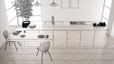 Beyaz seramik karo zemin ile boş beyaz iç, özel mimari tasarım projesi, siyah mürekkep kroki, modern mutfak gösteren plan, konsept, mock-up, mimar fikir, üst görünümü