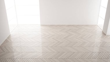 Boş oda iç tasarımı, beyaz duvarlar, modern tarzı, parke ahşap zemin ile açık alan, minimalist çağdaş mimari, konsept, mock-up, mimari fikir, üst görünümü