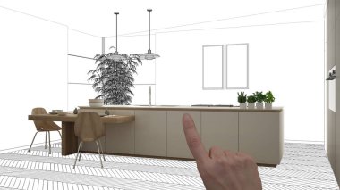 İnşaat taslak, konsept iç tasarım kroki, plan arka plan, mimar ve tasarımcı fikir ile el işaret gerçek ahşap Mutfak altında tamamlanmamış proje