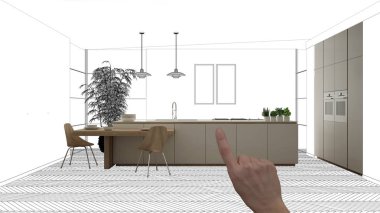 İnşaat taslak, konsept iç tasarım kroki, plan arka plan, mimar ve tasarımcı fikir ile el işaret gerçek ahşap Mutfak altında tamamlanmamış proje