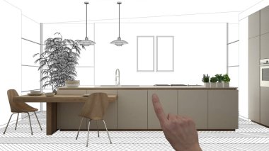 İnşaat taslak, konsept iç tasarım kroki, plan arka plan, mimar ve tasarımcı fikir ile el işaret gerçek ahşap Mutfak altında tamamlanmamış proje