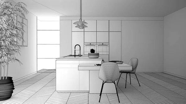 Modern temiz çağdaş mutfak bitmemiş proje, sandalye, bambu ve saksı bitkileri, pencere ve parke zemin, iç tasarım konsept fikri ile ahşap yemek masası