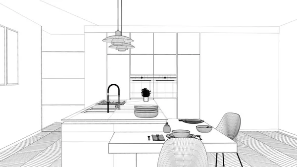 Blauwdruk project Draft, moderne schone eigentijdse keuken, eiland en houten eettafel met stoelen, bamboe en potplanten, raam en parketvloer, interieur concept idee — Stockfoto
