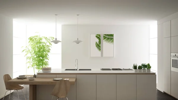 Moderna cocina blanca contemporánea limpia, isla y mesa de comedor de madera con sillas, bambú y plantas en maceta, ventana grande y suelo de parquet de espiga, diseño interior minimalista — Foto de Stock