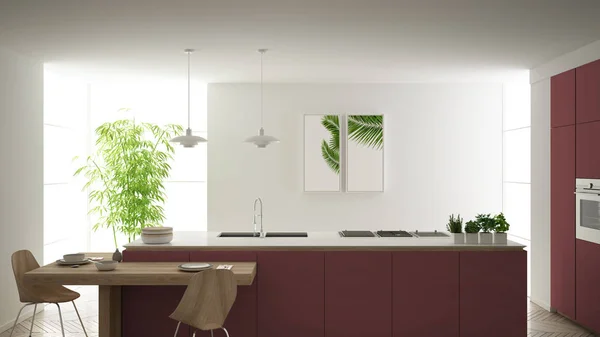 Moderne schone hedendaagse grijze keuken, eiland en houten eettafel met stoelen, bamboe en potplanten, groot raam en visgraat parketvloer, minimalistisch interieur design — Stockfoto