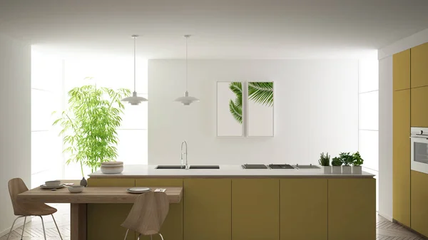 Moderne schone hedendaagse gele keuken, eiland en houten eettafel met stoelen, bamboe en potplanten, groot raam en visgraat parketvloer, minimalistisch interieur design — Stockfoto