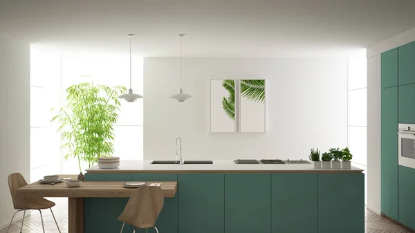 Moderne schone hedendaagse Turquoise keuken, eiland en houten eettafel met stoelen, bamboe en potplanten, groot raam en visgraat parketvloer, minimalistisch interieur design — Stockfoto