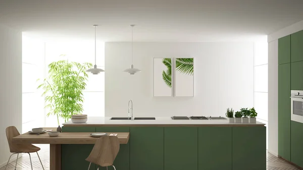 Moderna cozinha verde contemporânea limpa, ilha e mesa de jantar de madeira com cadeiras, plantas de bambu e vasos, grande janela e espinha de peixe piso em parquet, design de interiores minimalista — Fotografia de Stock