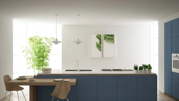 Moderne schone hedendaagse blauwe keuken, eiland en houten eettafel met stoelen, bamboe en potplanten, groot raam en visgraat parketvloer, minimalistisch interieur — Stockfoto