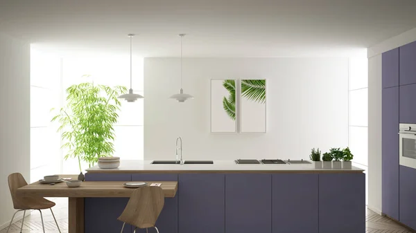 Moderne schone hedendaagse paarse keuken, eiland en houten eettafel met stoelen, bamboe en potplanten, groot raam en visgraat parketvloer, interieur design, Top uitzicht — Stockfoto