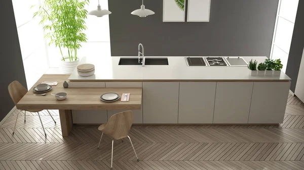 Modern temiz çağdaş beyaz mutfak, sandalye, bambu ve saksı bitkileri, büyük pencere ve ringa kemiği parke zemin, iç tasarım, üst görünümü ile ahşap yemek masası