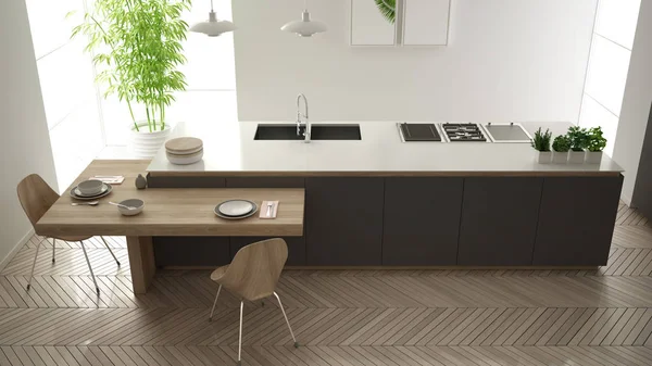 Modern temiz çağdaş gri mutfak, ada ve sandalye, bambu ve saksı bitkileri, büyük pencere ve ringa kemiği parke zemin, iç tasarım, üst görünümü ile ahşap yemek masası