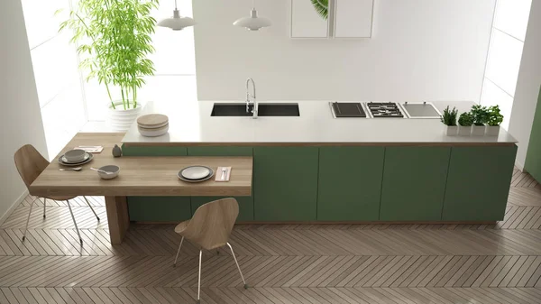 Moderna cozinha verde contemporânea limpa, ilha e mesa de jantar de madeira com cadeiras, plantas de bambu e vasos, grande janela e espinha de peixe piso em parquet, design de interiores, vista superior — Fotografia de Stock