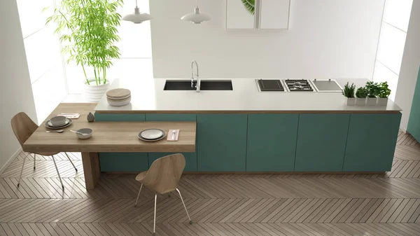 Moderna cozinha turquesa contemporânea limpa, ilha e mesa de jantar de madeira com cadeiras, bambu e plantas envasadas, grande janela e espinha de peixe piso em parquet, design de interiores, vista superior — Fotografia de Stock