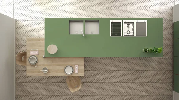 Modern temiz çağdaş yeşil mutfak, sandalye, bambu ve saksı bitkileri, büyük pencere ve ringa kemiği parke zemin, iç tasarım, üst görünümü ile ahşap yemek masası