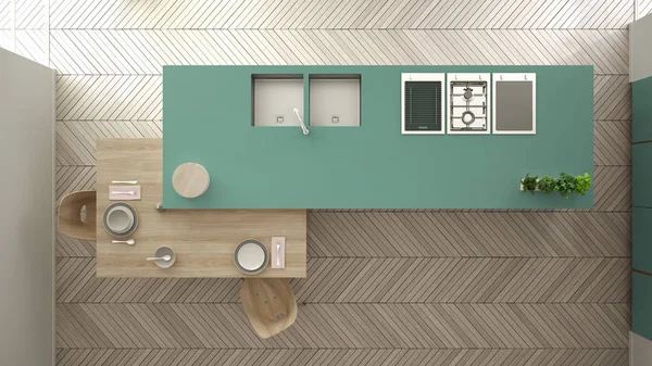 Modern temiz çağdaş turkuaz mutfak, sandalye, bambu ve saksı bitkileri, büyük pencere ve ringa kemiği parke zemin, iç tasarım, üst görünümü ile ahşap yemek masası