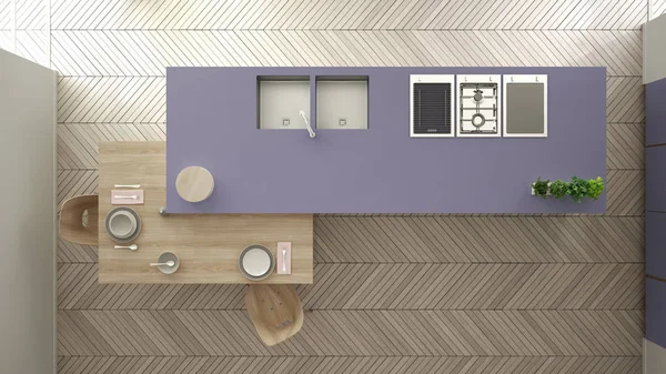 Modern temiz çağdaş mor mutfak, ada ve sandalye, bambu ve saksı bitkileri, büyük pencere ve ringa kemiği parke zemin, iç tasarım, üst görünümü ile ahşap yemek masası