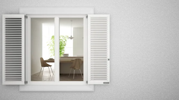 Εξωτερικός γύψος τοίχος με λευκό παράθυρο με παντζούρια, δείχνοντας εσωτερική μοντέρνα κουζίνα, κενό φόντο με χώρο αντιγραφής, ιδέα αρχιτεκτονικής Design, πρότυπο — Φωτογραφία Αρχείου