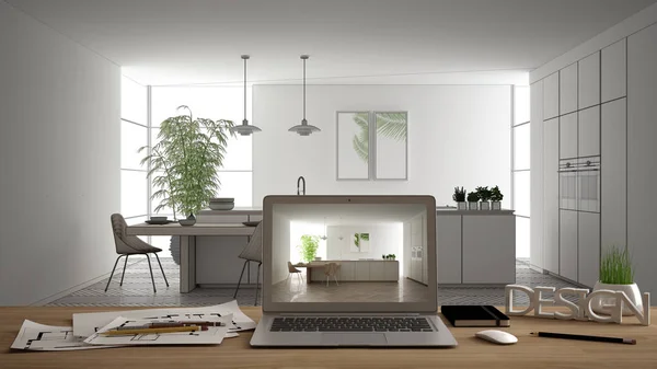 Architekt Designer Desktop-Konzept, Laptop auf Holzarbeitstisch mit Bildschirm, der das Innenarchitekturprojekt zeigt, Blaupause im Hintergrund, moderne weiße Küche mit Holzdetails — Stockfoto