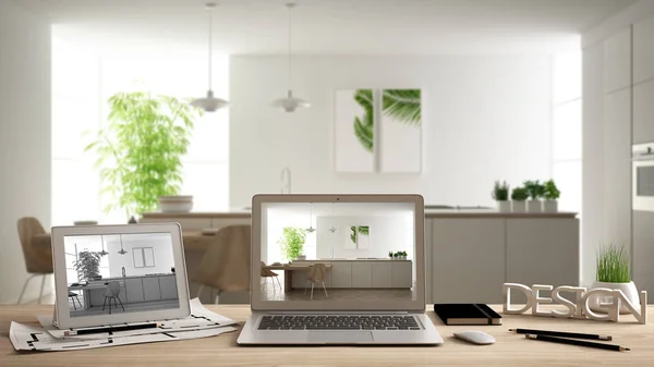 Αρχιτέκτονα σχεδιαστή έννοια επιτραπέζιο, φορητού υπολογιστή και tablet στο ξύλινο γραφείο με οθόνη δείχνει εσωτερικό πρόγραμμα σχεδίου και Cad σκίτσο, θολή σχέδιο στο παρασκήνιο, μοντέρνα λευκή κουζίνα — Φωτογραφία Αρχείου
