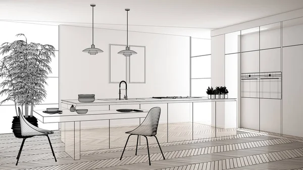 Beyaz seramik döşemeli içi boş, özel mimari tasarım projesi, siyah mürekkep çizimi, modern mutfak, konsept, model, mimar fikri gösteren plan.